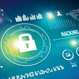 Online network security concept with digital lock and media content icons